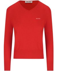 Miu Miu - Logo-Embroidered V-Neck Jumper - Lyst