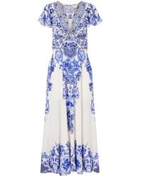 CAMILLA - Embellished Printed Ruffled Silk-Crepe Midi Dress - Lyst
