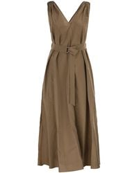 Brunello Cucinelli - Belted Pleated Midi Dress - Lyst
