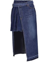 Sacai - Overlapping Raw-Cut Hem Denim Midi Skirt - Lyst