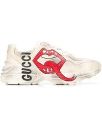 Gucci Rhyton Leather Sneakers With Maxi Mouth in White for Gucci Rhyton Leather Sneakers With Maxi Mouth in White for