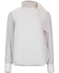 Brunello Cucinelli - Bow Detailed High Neck Blouse - Lyst