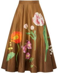 Oscar de la Renta - Floral-Print Cotton-Poplin High-Waist Midi Skirt - Lyst