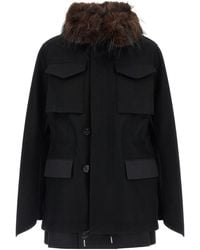 Sacai - Long-Sleeved Shearling Detailed Coat - Lyst