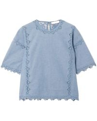Ulla Johnson - Kai Embroidered Tulle-Trimmed Cotton-Chambray Blouse - Lyst