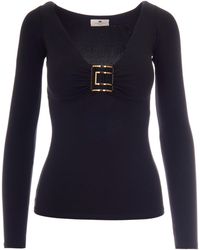 Elisabetta Franchi - Logo Plaque Wide-Neck Knitted Top - Lyst