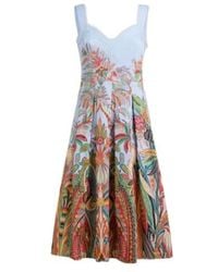 Etro - Cotton Midi Dress With Pleats And Placed Paisley Foliage Print - Lyst