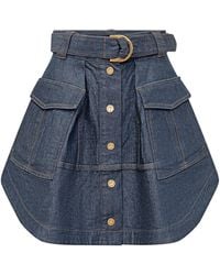 Zimmermann - Belted Button-Up Denim Skirt - Lyst