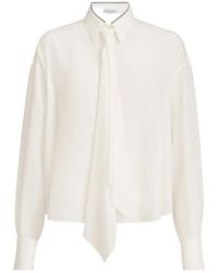 Brunello Cucinelli - Silk Crêpe De Chine Shirt With Tie And Shiny Collar - Lyst