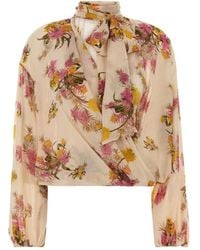 Blumarine - Floral Printed Tied-Neck Georgette Top - Lyst