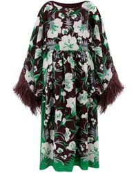 Valentino - Floral Printed Feather-Trim Dress - Lyst