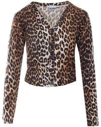 Ganni - Leopard-Print V-Neck Cardigan - Lyst