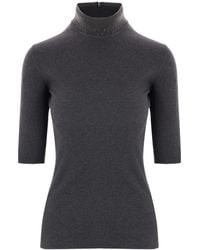 Brunello Cucinelli - Monili-Detailed Mock Neck Ribbed Top - Lyst
