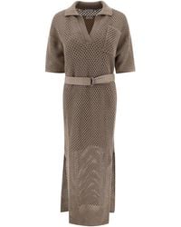 Brunello Cucinelli - Crochet-Knitted Belted Midi Dress - Lyst