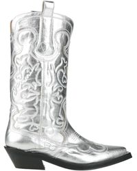 Ganni - Metallic Embroidered Denim Boots - Lyst