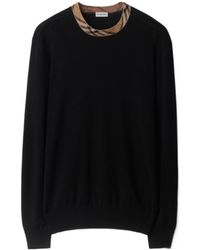 Burberry - Checked Trim Crewneck Jumper - Lyst