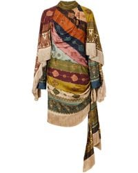 Zimmermann - Printed Tie-Detailed Fringe-Trimmed Silk-Satin Mini Dress - Lyst