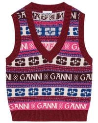 Ganni - Ribbed V-Neck Sleeveless Knit With Graphic Pattern - Lyst