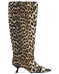 Ganni - Leopard Print Pointed-Toe Knee-Length Boots - Lyst