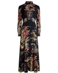 Etro - Long Dress With Silk Scarf And Placed Flower And Animal Print - Lyst
