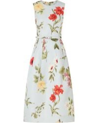 Oscar de la Renta - Belted Floral-Print Faille Midi Dress - Lyst