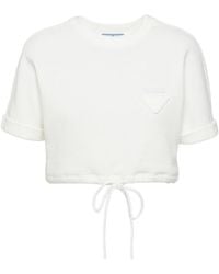 Prada - Cropped Cotton Fleece T-Shirt - Lyst