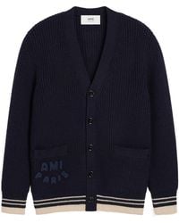 Ami Paris - Ami Logo Detailed Long Sleeved Knitted Cardigan - Lyst