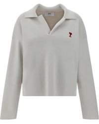 Ami Paris - Ami De Coeur Long-Sleeved Knitted Polo Shirt - Lyst