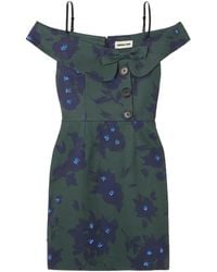 ShuShu/Tong - Asymmetric Off-The-Shoulder Embellished Floral-Print Cotton Mini Dress - Lyst