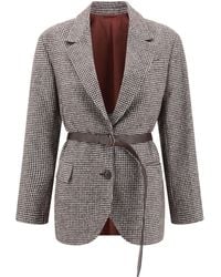 Brunello Cucinelli - Houndstooth Detailed Belted Blazer - Lyst
