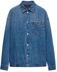 Prada - Buttoned Logo Plaque Denim Shirt - Lyst