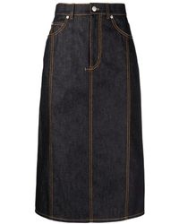 McQueen - Contrast-Stitching Denim Midi Skirt - Lyst