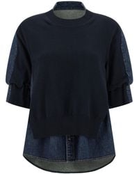 Sacai - Denim-Panelled Crewneck Jumper - Lyst