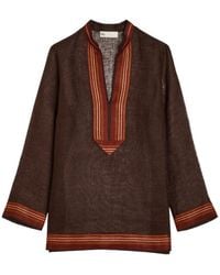 Tory Burch - Stripe-Trimmed Semi-Sheer Linen Tunic - Lyst