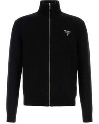 Prada - Logo Embroidered Full-Zipped Knitted Cardigan - Lyst