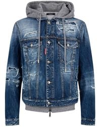 DSquared² - Hooded Distressed Denim Jacket - Lyst