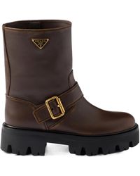 Prada - Logo Plaque Buckled Boots - Lyst