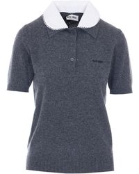 Miu Miu - Cashmere Polo With Embroidered Poplin Collar - Lyst
