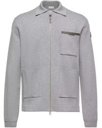 Moncler - Leather Logo Wool Zip-Up Cardigan - Lyst