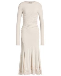 Alberta Ferretti - Gathered Midi Dress With Lace Trim - Lyst