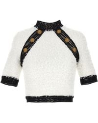 Balmain - Button-Embellished Tweed Crop Top - Lyst