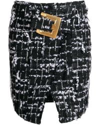 Balmain - Belted Fringed Tweed Skirt - Lyst