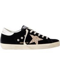 Golden Goose - Super-Star Eyelet-Embellished Distressed Glittered Leather And Velvet Sneakers - Lyst