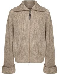 Brunello Cucinelli - Sparkling Cashmere, Mohair And Wool Ribbed Cardigan With Shiny Zipper Pull - Lyst
