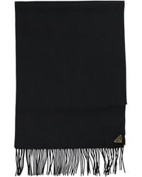Prada - Logo Plaque Fringed Scarf - Lyst