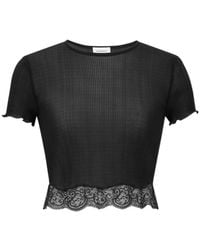 Saint Laurent - Cropped Lace-Trimmed Ribbed Silk Top - Lyst