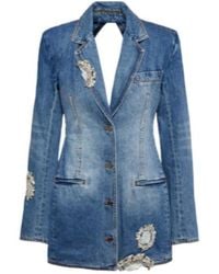 Area - Embellished Cutout Denim Blazer - Lyst