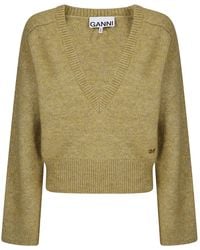 Ganni - Mélange Deep V-Neck Knitted Sweater - Lyst