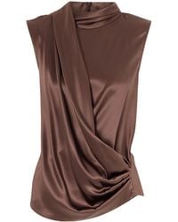 Brunello Cucinelli - Wrap-Effect Sleeveless Draped Silk-Blend Satin Blouse - Lyst