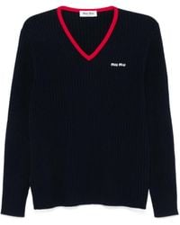 Miu Miu - Logo-Embroidered V-Neck Jumper - Lyst